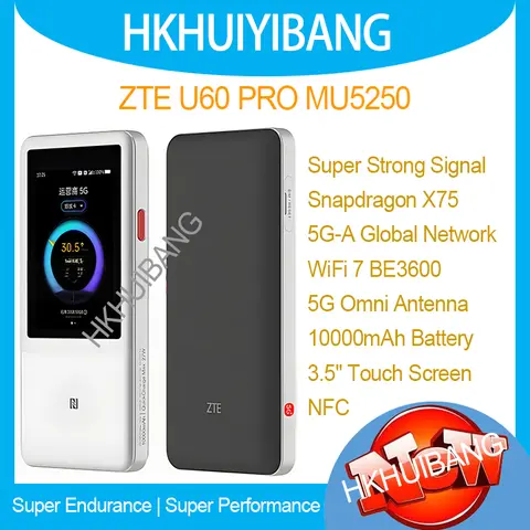ZTE 5G Mobile WiFi U60 Pro MU5250 10000mah 27W Fast Charge SDX75 WiFi 7 BE3600 Sim Router 3.5" Screen NFC 5G/4G Portable Hotspot