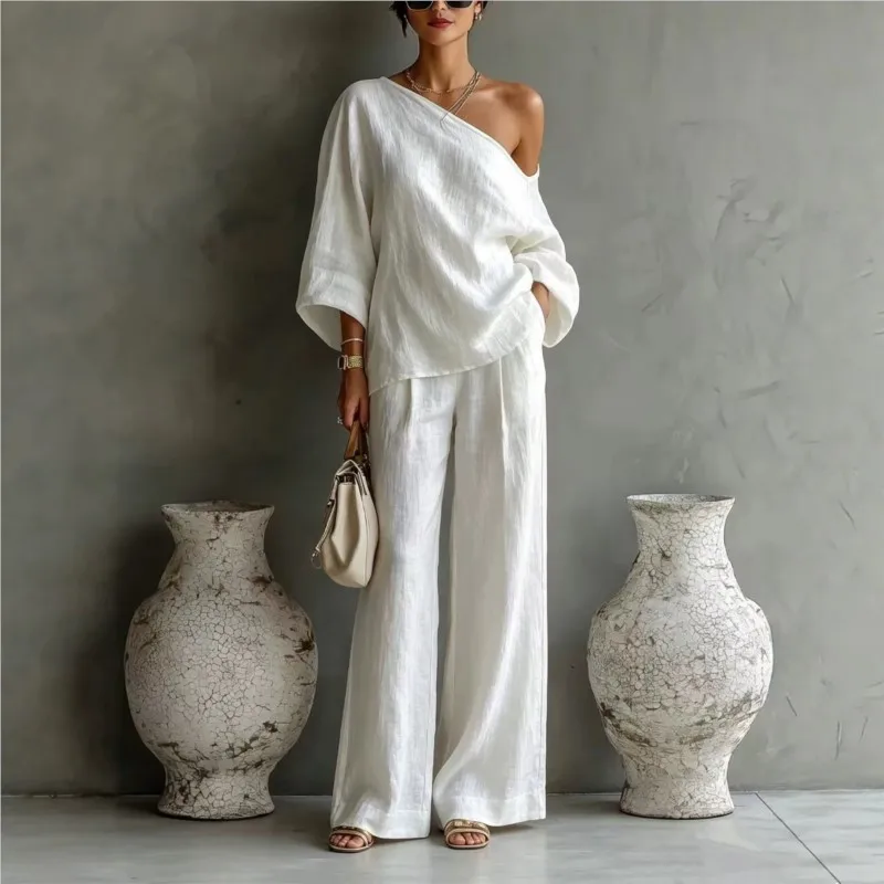 Women's Solid Color Loose 2-Piece Set Autumn Asymmetrical Off-Shoulder Blouse High Waist Wide Leg Pants Casual Woman Outfit
Women's Solid Color Loose 2-Piece Set Autumn Asymmetrical Off-Shoulder Blouse High Waist Wide Leg Pants Casual Woman Outfit