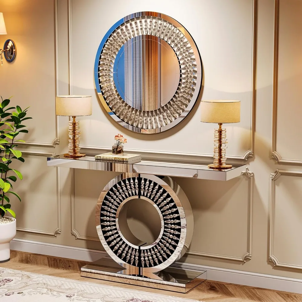 43-Inch Mirrored Console Table with Round Jeweled Decorative Wall Mirror Set of 2, Silver Glass Sofa Table with 31.5 Inch Cryst 
43-Inch Mirrored Console Table with Round Jeweled Decorative Wall Mirror Set of 2, Silver Glass Sofa Table with 31.5 Inch Cryst