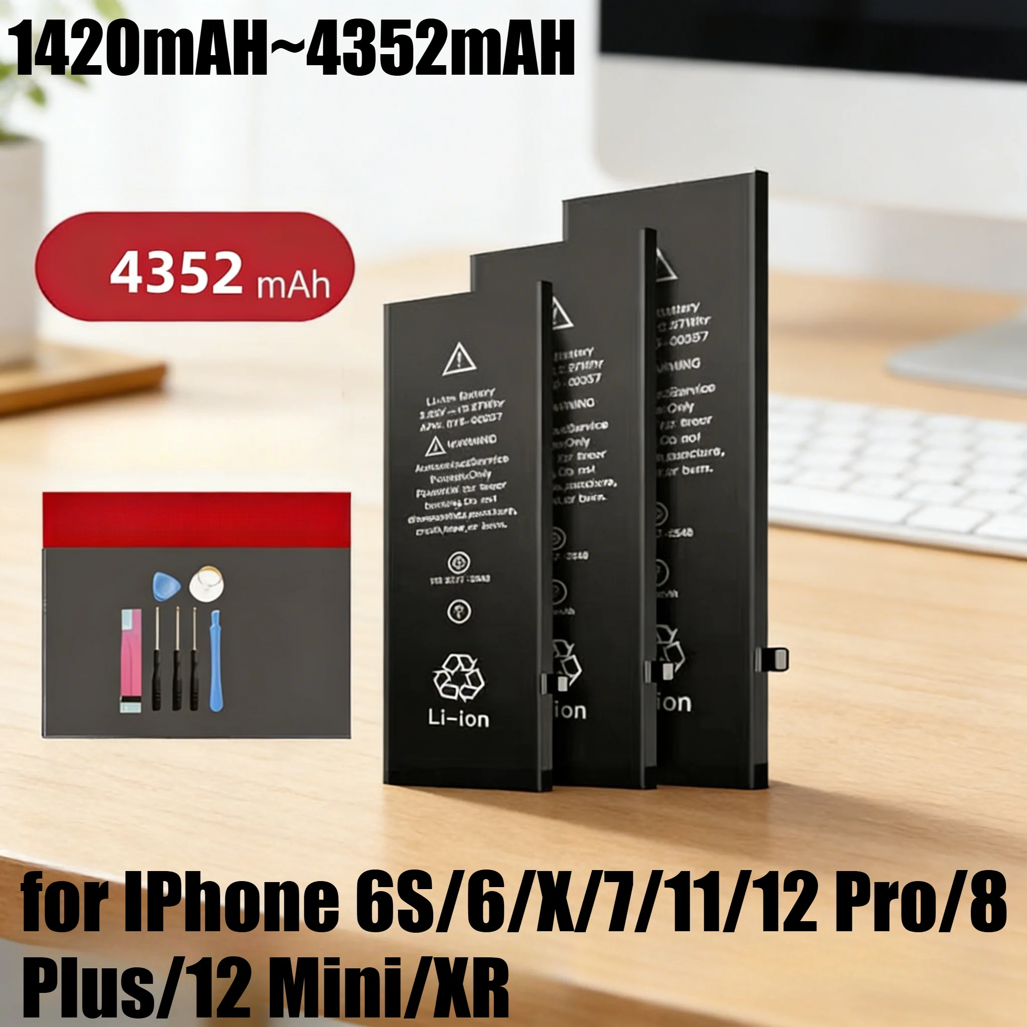 Сменный аккумулятор большой емкости 4352 мАч для IPhone 6S/6/X/7/11/12 Pro/8 Plus/12 Mini/XR литий-ионный аккумулятор с установочными инструментами
Сменный аккумулятор большой емкости 4352 мАч для IPhone 6S/6/X/7/11/12 Pro/8 Plus/12 Mini/XR литий-ионный аккумулятор с установочными инструментами