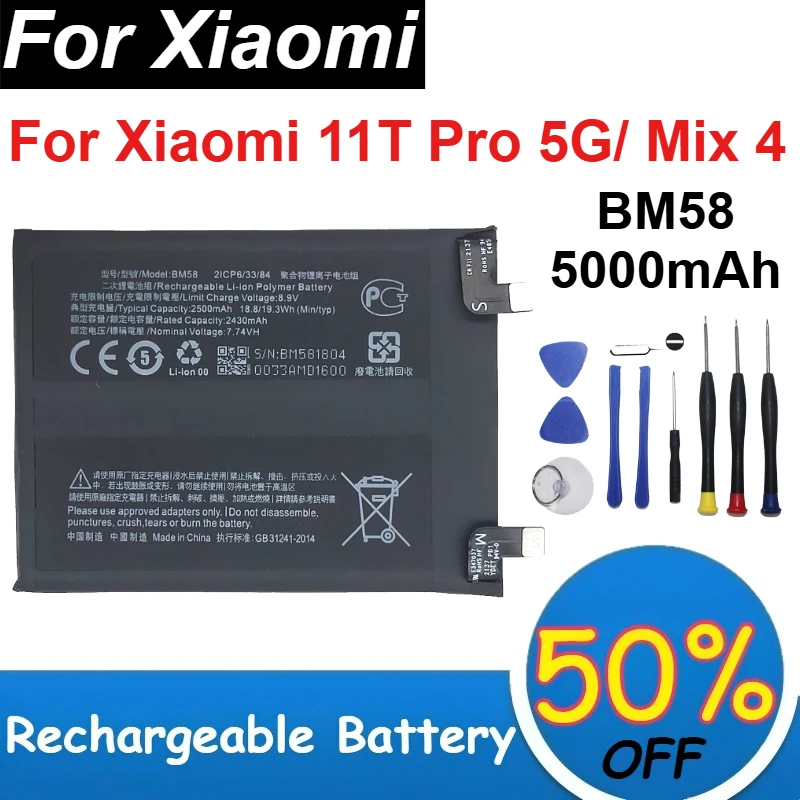 BM58 Mobile Phone Battery 5000mAh Capacity for Xiaomi 11T Pro 5G/ Mix 4 Replacement Batteries +Tools
BM58 Mobile Phone Battery 5000mAh Capacity for Xiaomi 11T Pro 5G/ Mix 4 Replacement Batteries +Tools