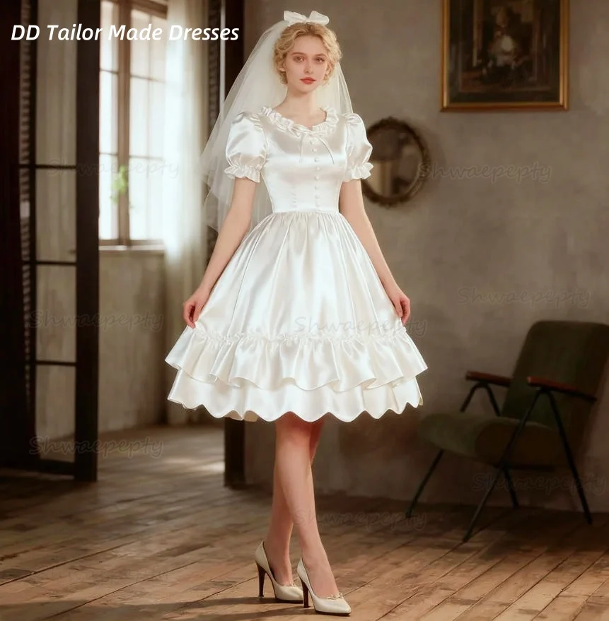 Vintage Satin Knee-Length Wedding Dress Puff Short Sleeves A-Line Civil Wedding Gown For Bride Customized Robe De Mariee 2025 
Vintage Satin Knee-Length Wedding Dress Puff Short Sleeves A-Line Civil Wedding Gown For Bride Customized Robe De Mariee 2025