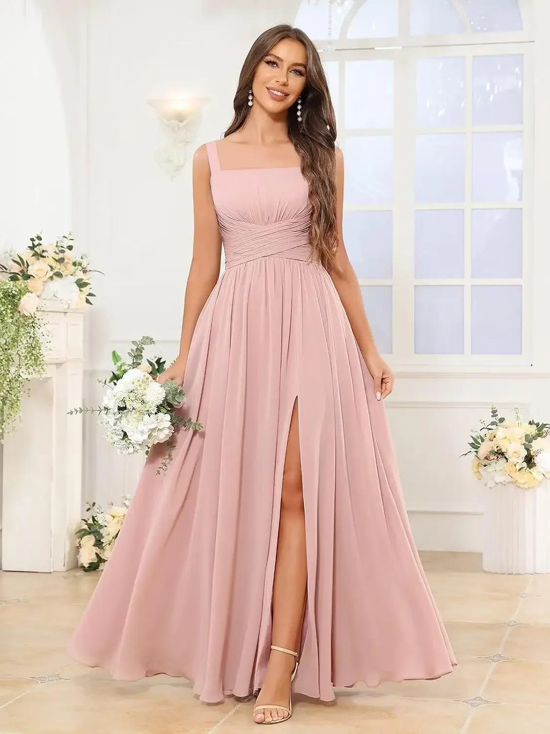 Women's Square Neck Chiffon Bridesmaid Dresses with Pockets Pleated A Line Formal Evening Dresses with Slit Wedding Party Gowns
Women's Square Neck Chiffon Bridesmaid Dresses with Pockets Pleated A Line Formal Evening Dresses with Slit Wedding Party Gowns