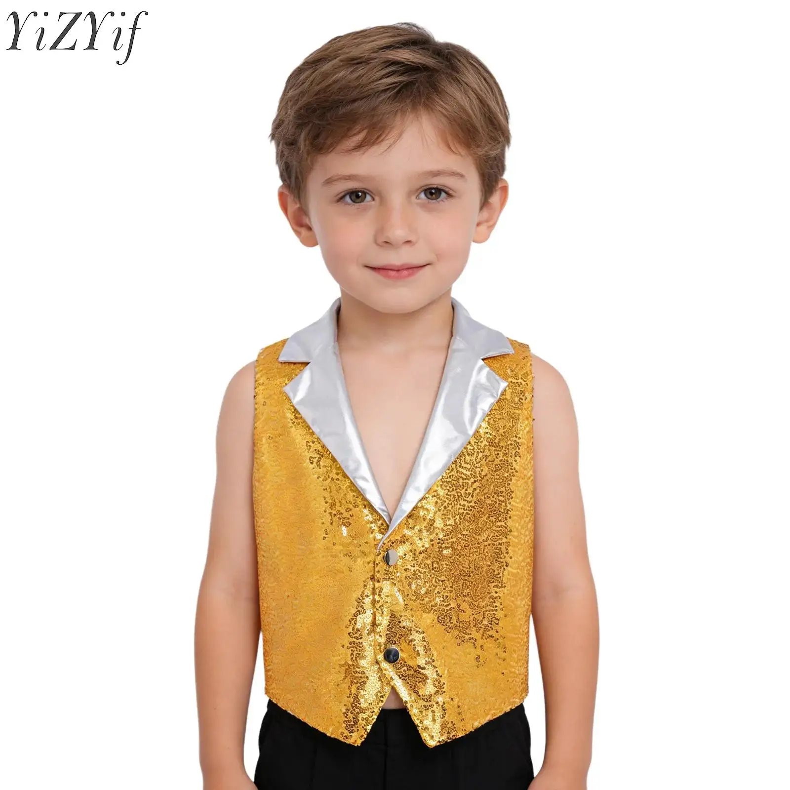 Kids Boys Jazz Disco Dance Outfit Sparkling Sequin Vest Metallic Lapel Collar Sleeveless Press Button Asymmetrical Hem Dance Top
Kids Boys Jazz Disco Dance Outfit Sparkling Sequin Vest Metallic Lapel Collar Sleeveless Press Button Asymmetrical Hem Dance Top