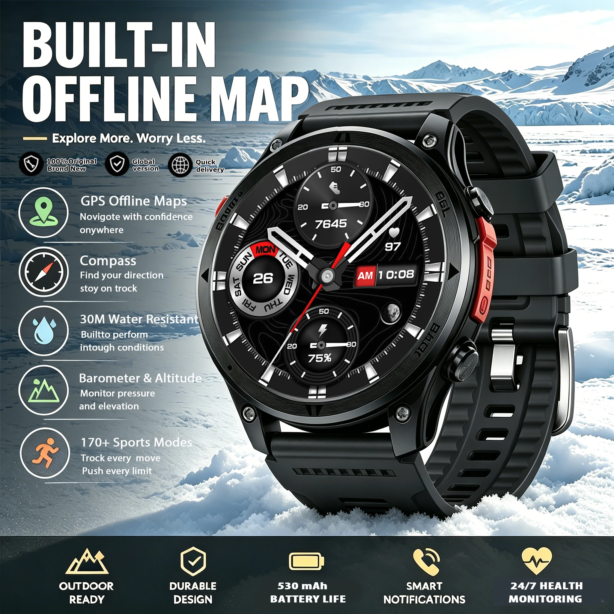 2026 New GPS trajectory Smart Watch 1.46” HD Screen Compass 3ATM Waterproof Bluetooth Call 530mAh Battery Health Fitness Tracker
2026 New GPS trajectory Smart Watch 1.46” HD Screen Compass 3ATM Waterproof Bluetooth Call 530mAh Battery Health Fitness Tracker