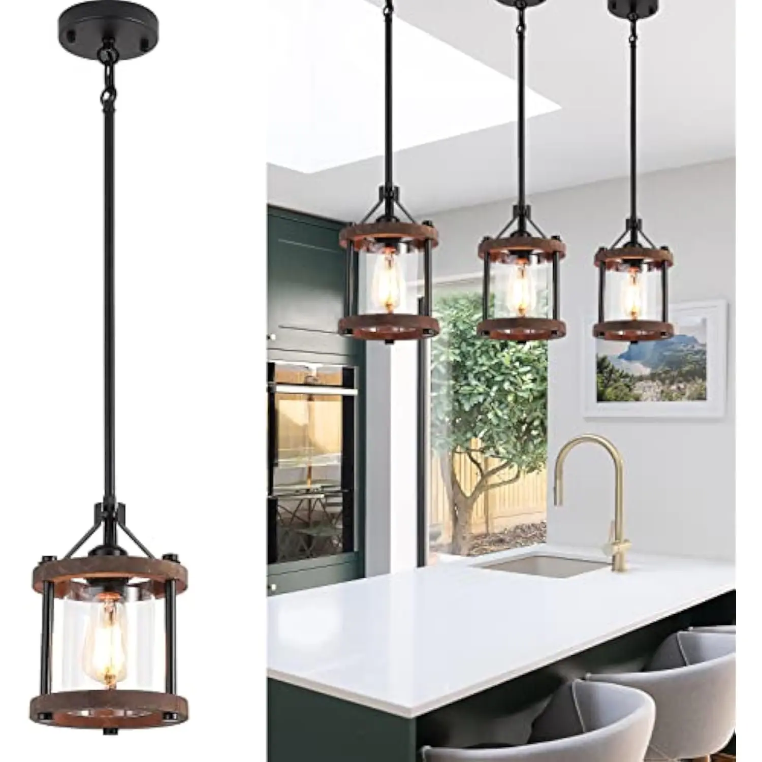 Farmhouse Pendent Lights in Kitchen Island, Rustic Wood Pendant Light with Glass Shade, Bronze Entryway Pendant Lighting, Adju
Farmhouse Pendent Lights in Kitchen Island, Rustic Wood Pendant Light with Glass Shade, Bronze Entryway Pendant Lighting, Adju