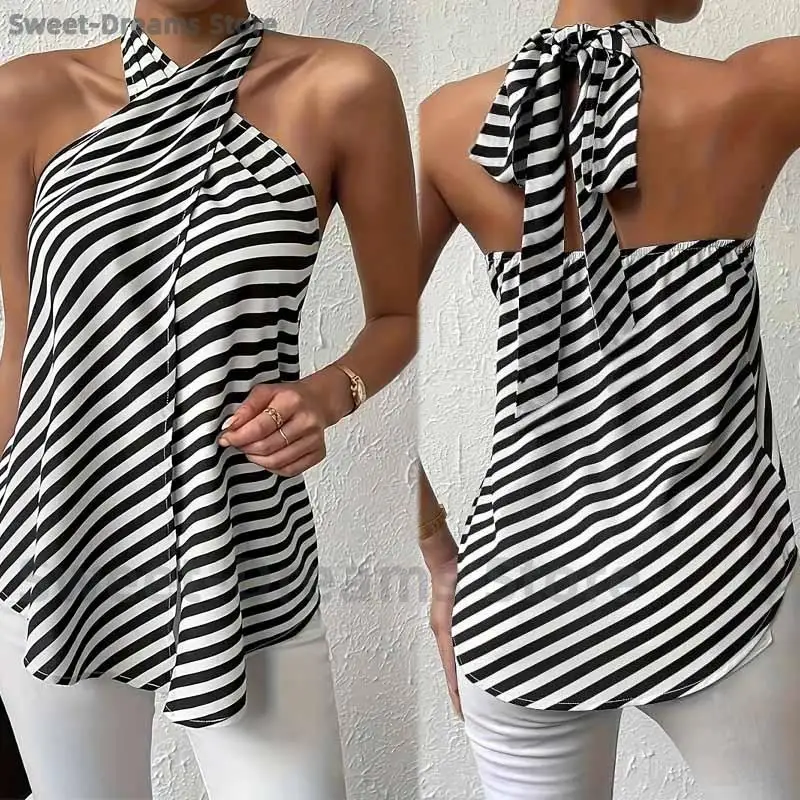 Black White Stripes Shirt Crisscross Halter Neck Sleeveless Women Tops Backless Lace-Up Slit Blouse Design Sense Woman Clothing
Black White Stripes Shirt Crisscross Halter Neck Sleeveless Women Tops Backless Lace-Up Slit Blouse Design Sense Woman Clothing