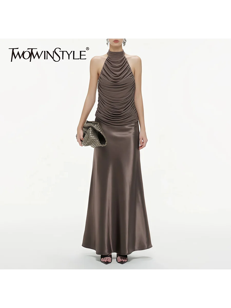 TWOTWINSTYLE Sexy Patchwork Folds Dresses for Women Halter Sleeveless High Waist Slimming Backless Long Dress Female Fashion New
TWOTWINSTYLE Sexy Patchwork Folds Dresses for Women Halter Sleeveless High Waist Slimming Backless Long Dress Female Fashion New