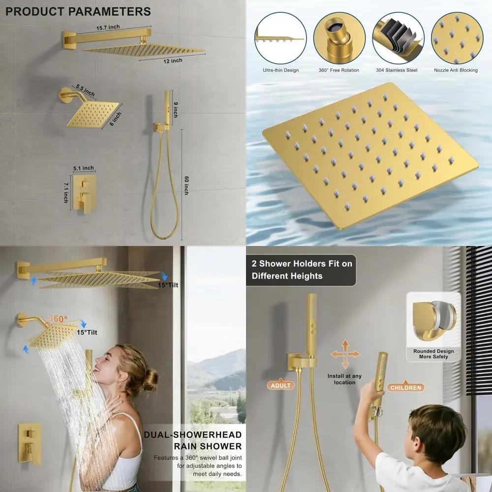 12 + 6 Dual Wall-Mounted Rainfall Shower System with 2-in-1 Handheld Spray, Brushed Gold Finish
12 + 6 Dual Wall-Mounted Rainfall Shower System with 2-in-1 Handheld Spray, Brushed Gold Finish