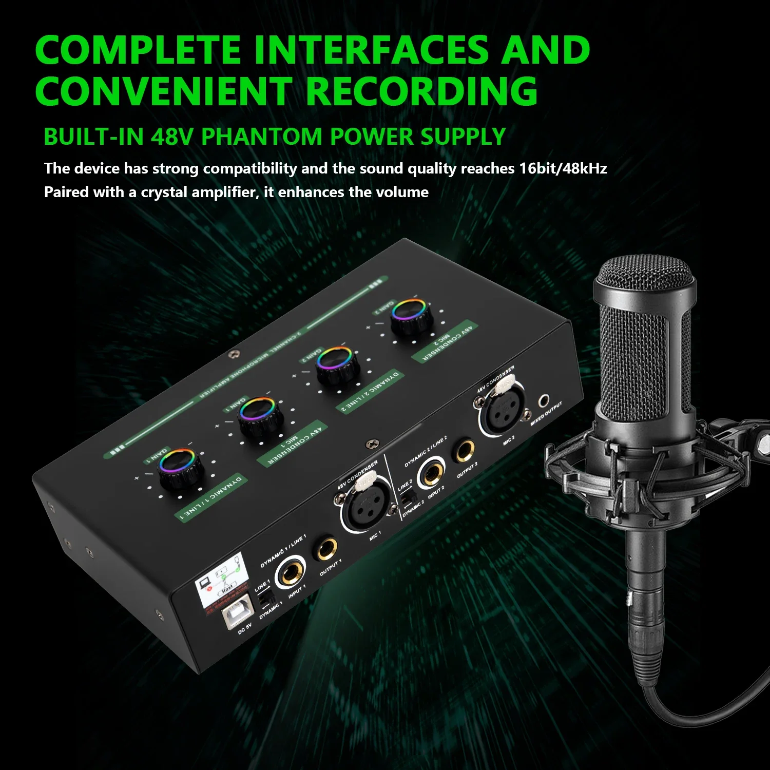 Guitar Instrument Microphone Amplifier Moving Coil Capacitor Microphone Sound Card Universal 48V Phantom Dual Power Supply
Guitar Instrument Microphone Amplifier Moving Coil Capacitor Microphone Sound Card Universal 48V Phantom Dual Power Supply