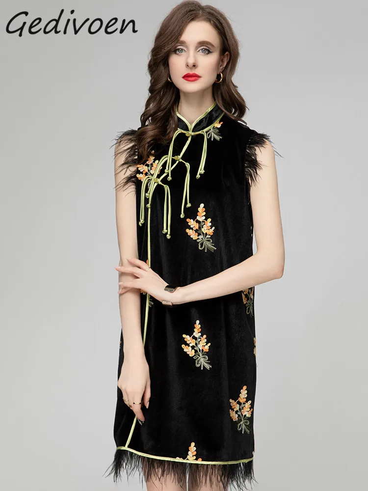 Gedivoen Spring Fashion Designer Elegant Velvet Vest Dress Women's Stand Collar Button Embroidery Feather Slim Mini Short Dress
Gedivoen Spring Fashion Designer Elegant Velvet Vest Dress Women's Stand Collar Button Embroidery Feather Slim Mini Short Dress