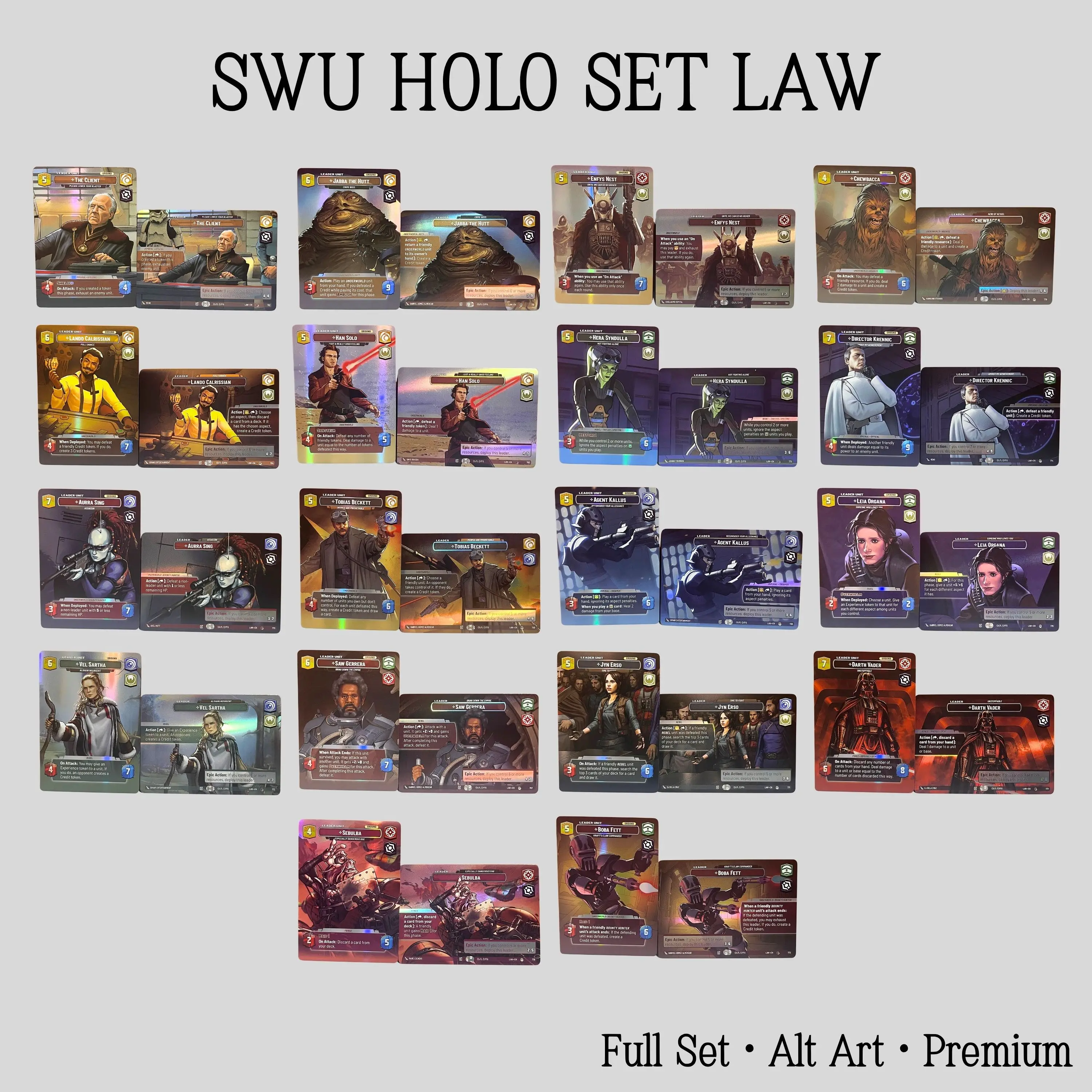 SWUDB Top-Grade Rare Collectible SWU Cards Darth Vader Princess Leia Organa Jabba the Hutt Lando Calrissian Alt Art Showcase
SWUDB Top-Grade Rare Collectible SWU Cards Darth Vader Princess Leia Organa Jabba the Hutt Lando Calrissian Alt Art Showcase