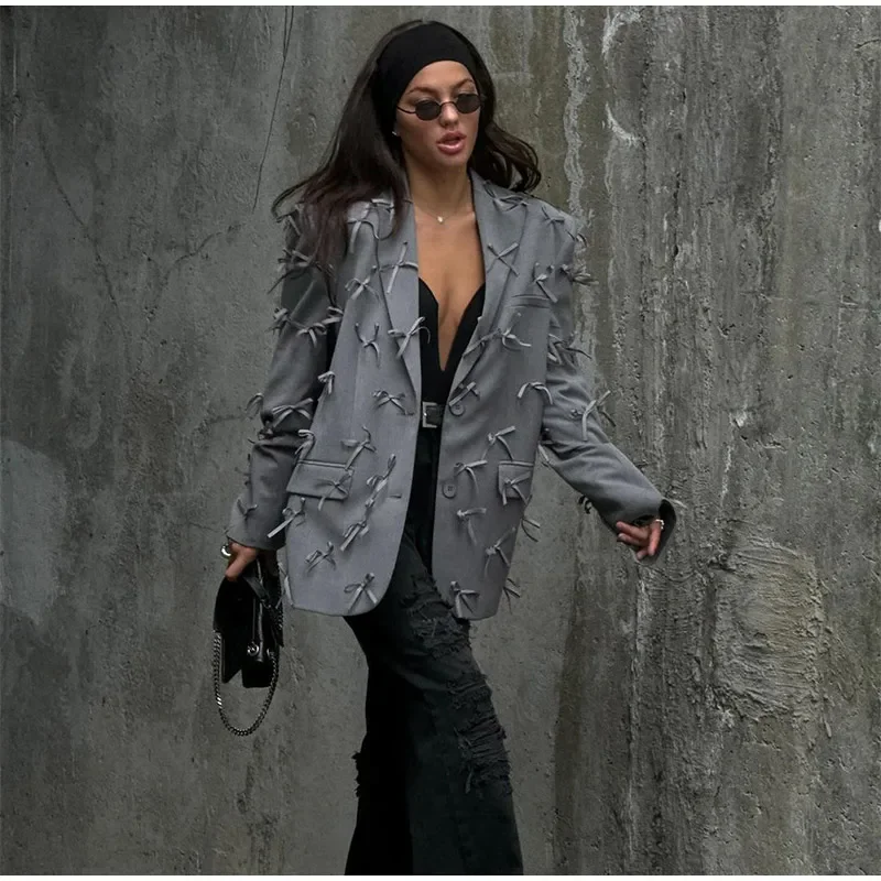 Grey Bow Flap Pocket Long Sleeve Women's Suit Jacket Single Breasted Lapel Casual Coat Autumn Lady Commuting High Streetwear
Grey Bow Flap Pocket Long Sleeve Women's Suit Jacket Single Breasted Lapel Casual Coat Autumn Lady Commuting High Streetwear
