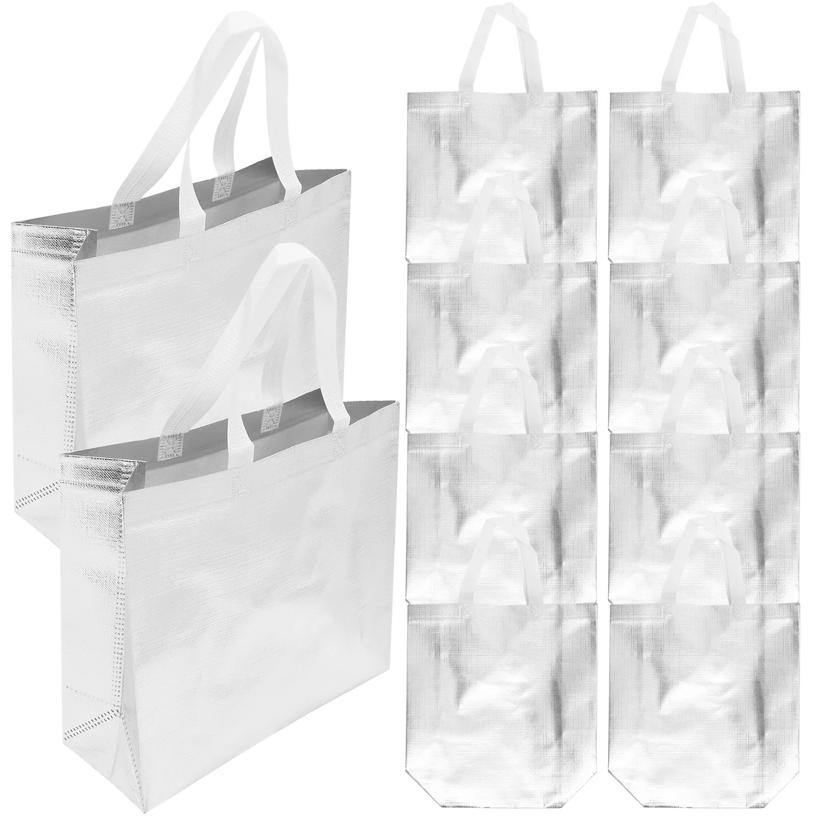12pcs Silver Laser Shopping Bags Non-woven Reusable Grocery Tote Waterproof Fabric Storage Carry Handle Large for Women
12pcs Silver Laser Shopping Bags Non-woven Reusable Grocery Tote Waterproof Fabric Storage Carry Handle Large for Women