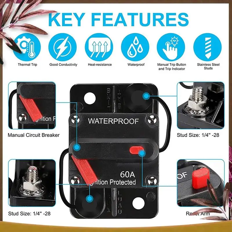 AB59-Waterproof Circuit Breaker,With Manual Reset,12V-48V DC,For Car Marine Trolling Motors Boat Power Protect
AB59-Waterproof Circuit Breaker,With Manual Reset,12V-48V DC,For Car Marine Trolling Motors Boat Power Protect