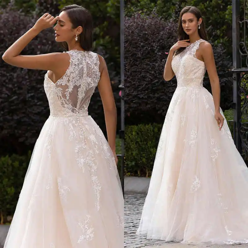 Charming Lace Applique A-Line Wedding Dress High Neck Sleeveless Tulle Sweep Train Bridal Gown Vestido De Novia Customized
Charming Lace Applique A-Line Wedding Dress High Neck Sleeveless Tulle Sweep Train Bridal Gown Vestido De Novia Customized