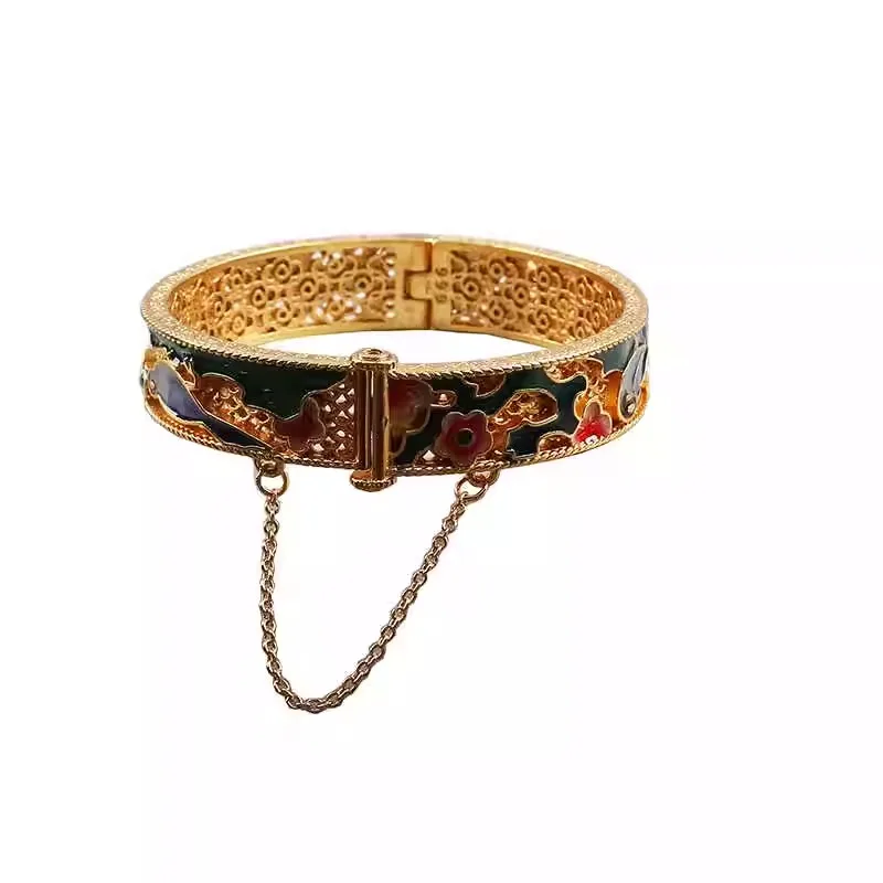 Mine ancient enamel orchid bracelet retro sand gold court filigree inlaid open wrist ring 
Mine ancient enamel orchid bracelet retro sand gold court filigree inlaid open wrist ring