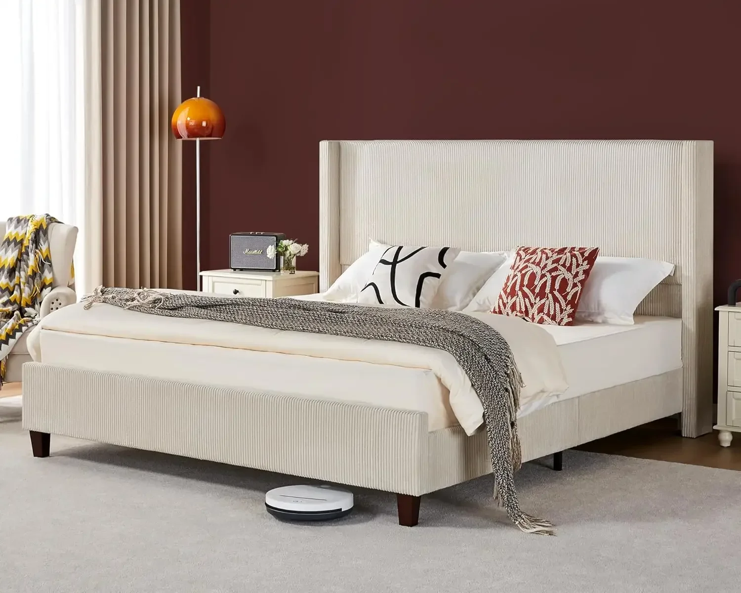King Size Platform Bed Frame, 50.8" Corduroy Upholstered Bed with Vertical Slats/Wingback/No Box Spring Required/Beige
King Size Platform Bed Frame, 50.8" Corduroy Upholstered Bed with Vertical Slats/Wingback/No Box Spring Required/Beige