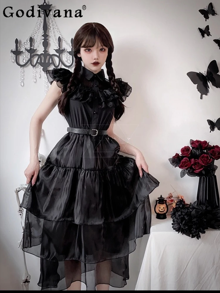 Halloween Dark Goth Elegant Lace Turn-down Collar Cake Dress Girl Cos Black Irregular Ruffles High Waist A-line Lolita Dresses
Halloween Dark Goth Elegant Lace Turn-down Collar Cake Dress Girl Cos Black Irregular Ruffles High Waist A-line Lolita Dresses