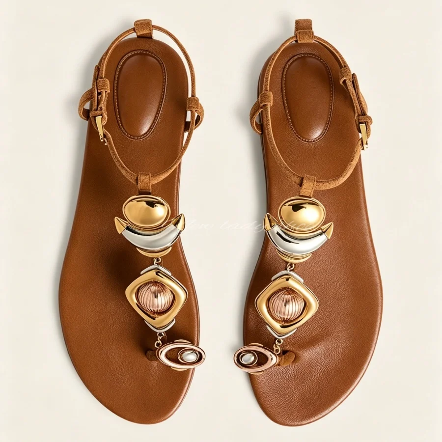 Women Bohemian Thong Flip Flop Flat Sandals Metal Multi Tone Geometric Pendant Decor Ankle Strap Summer Casual Beach Sandals
Women Bohemian Thong Flip Flop Flat Sandals Metal Multi Tone Geometric Pendant Decor Ankle Strap Summer Casual Beach Sandals