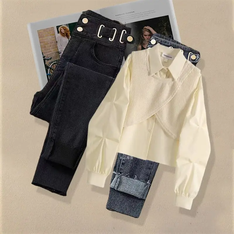 Women's Spring New Jeans Tracksuit Matching Set 2025 French Elegant Fake Two Piece Long Sleeve Shirt Top+Chic Denim Pants Suit
Women's Spring New Jeans Tracksuit Matching Set 2025 French Elegant Fake Two Piece Long Sleeve Shirt Top+Chic Denim Pants Suit
