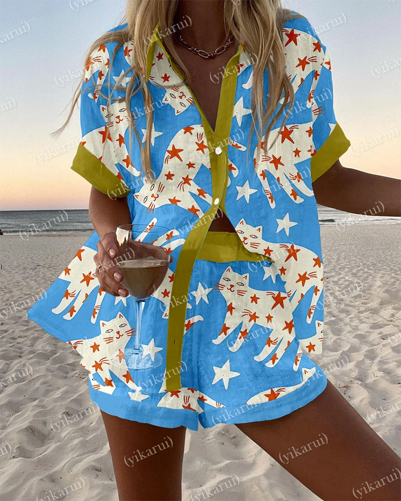Fashion Casual Cats Printed Two Piece Set Women Summer Comfort Holiday Color Colorful Button Short Sleeves Shirts Shorts Set
Fashion Casual Cats Printed Two Piece Set Women Summer Comfort Holiday Color Colorful Button Short Sleeves Shirts Shorts Set