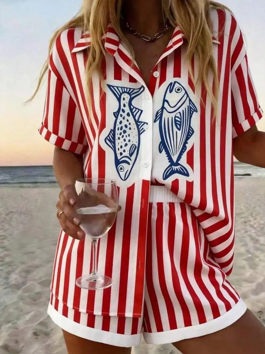Womens Red And White Striped Short Sleeve Shirt And Shorts Set Casual Vacation Outfit
Womens Red And White Striped Short Sleeve Shirt And Shorts Set Casual Vacation Outfit