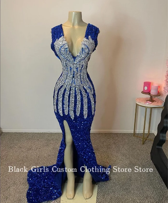 Сверкающие платья для выпускного вечера со стразами и V-образным вырезом, синие, элегантные, с v-образным вырезом, с высоким разрезом, аппликация из бисера, черные девушки на день рождения, на заказ