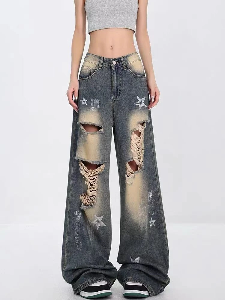 Women's Star Print Hole Distressed High Waisted Jeans Personalized Pants Cool Girl Casual Bottoms Female Summer Street Trousers
Women's Star Print Hole Distressed High Waisted Jeans Personalized Pants Cool Girl Casual Bottoms Female Summer Street Trousers