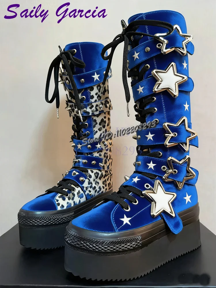 Retro Blue Leopard Star Buckle Boots Punk Platform Knee-high Boots Round Toe Lace-up Women's New Height Increasing Shoes 2025
Retro Blue Leopard Star Buckle Boots Punk Platform Knee-high Boots Round Toe Lace-up Women's New Height Increasing Shoes 2025