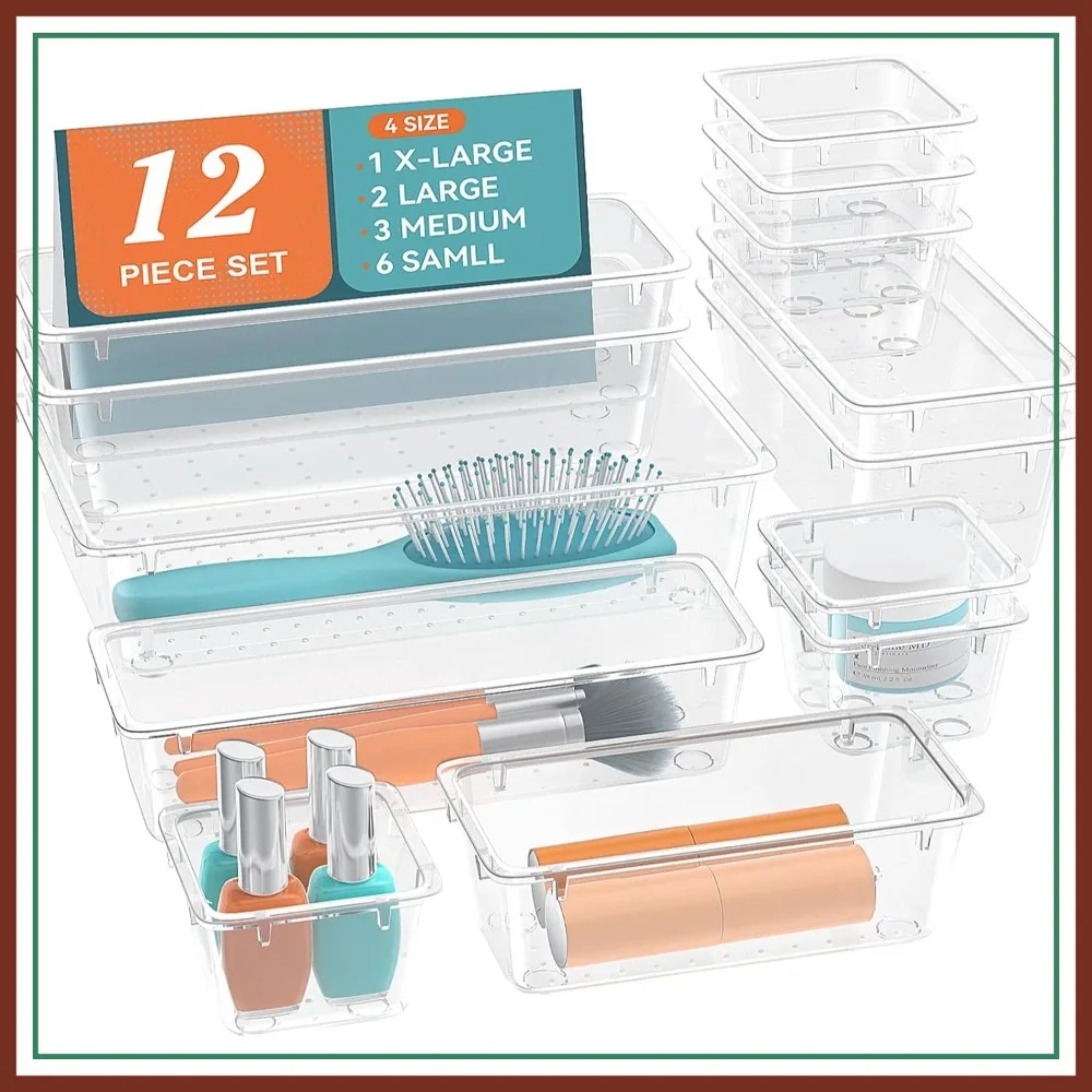 12 PCS Drawer Organizer Set, 4 Sizes Clear Plastic Storage Trays for Makeup, Stationery, Gadgets, Bathroom, Office, Bedroom
12 PCS Drawer Organizer Set, 4 Sizes Clear Plastic Storage Trays for Makeup, Stationery, Gadgets, Bathroom, Office, Bedroom