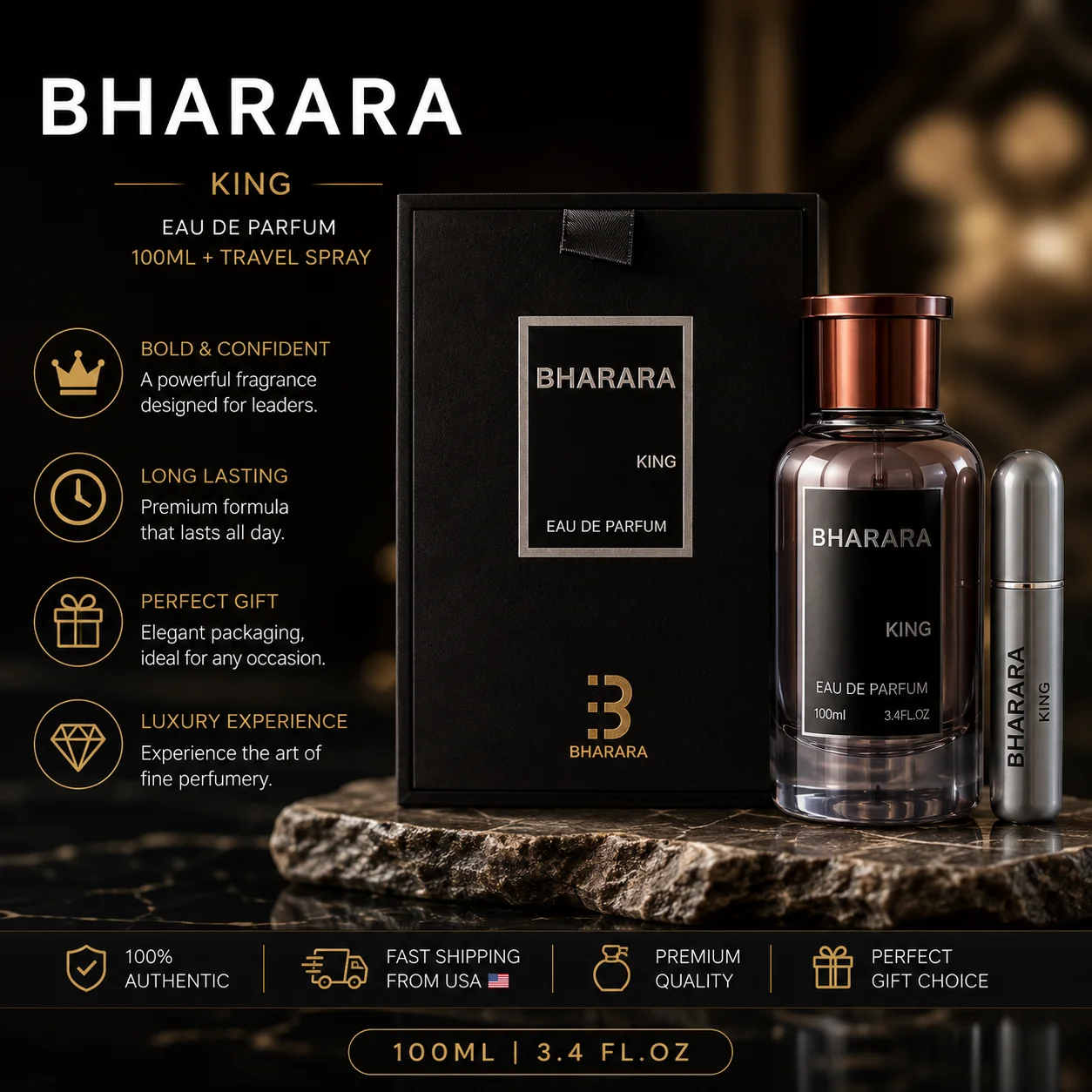 Bharara King Eau De Parfum 100ml For Men - Long Lasting Woody Spicy Fragrance - Luxury Arabic Cologne Gift Set with Travel Spray
Bharara King Eau De Parfum 100ml For Men - Long Lasting Woody Spicy Fragrance - Luxury Arabic Cologne Gift Set with Travel Spray