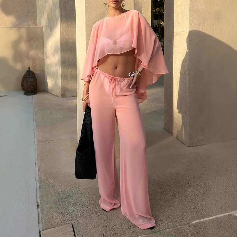 Simple Solid Perspective Cover Up Suit Summer New Chiffon Women's Two Piece Set O Neck Shawl Top with Long Pants Holiday Outfit
Simple Solid Perspective Cover Up Suit Summer New Chiffon Women's Two Piece Set O Neck Shawl Top with Long Pants Holiday Outfit
