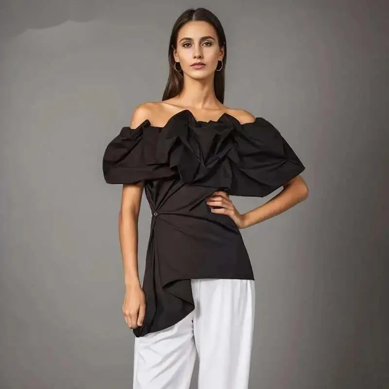 Fashion Black Off Shoulder Shirt Women's Slash Neck Side Button Flods Short Sleeves Irregular Blouse New 1DPC9E
Fashion Black Off Shoulder Shirt Women's Slash Neck Side Button Flods Short Sleeves Irregular Blouse New 1DPC9E