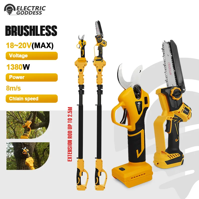 3 IN 1 Brushless Telescoping Pole 6 inch Electric Chainsaw 50mm High Branch Scissor Gardening Tool For Dewalt 20V Battery Pin
3 IN 1 Brushless Telescoping Pole 6 inch Electric Chainsaw 50mm High Branch Scissor Gardening Tool For Dewalt 20V Battery Pin