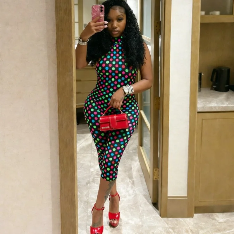 Women Sexy Colorful Polka Dots Print Skinny Calf-length Jumpsuits Sleeveless Lace Up Halter Backless Ruched Peach Hips Overalls
Women Sexy Colorful Polka Dots Print Skinny Calf-length Jumpsuits Sleeveless Lace Up Halter Backless Ruched Peach Hips Overalls