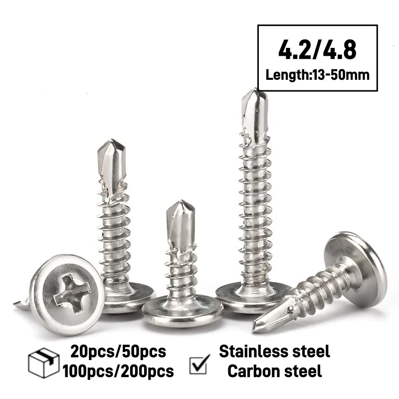 20-200pcs Self Drilling Screws with Washer 4.2mm 4.8mm Pan Head Phillips Drive Stainless Steel Carbon Steel for Metal Fastening
20-200pcs Self Drilling Screws with Washer 4.2mm 4.8mm Pan Head Phillips Drive Stainless Steel Carbon Steel for Metal Fastening