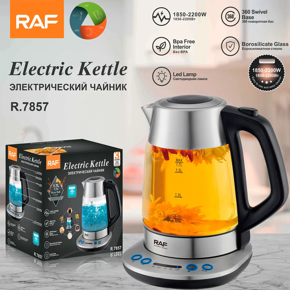 RAF Европейский трансграничный высокопрозрачный стеклянный электрический чайник 1,7 л Автоматический многофункциональный регулятор температуры большой емкости
RAF Европейский трансграничный высокопрозрачный стеклянный электрический чайник 1,7 л Автоматический многофункциональный регулятор температуры большой емкости