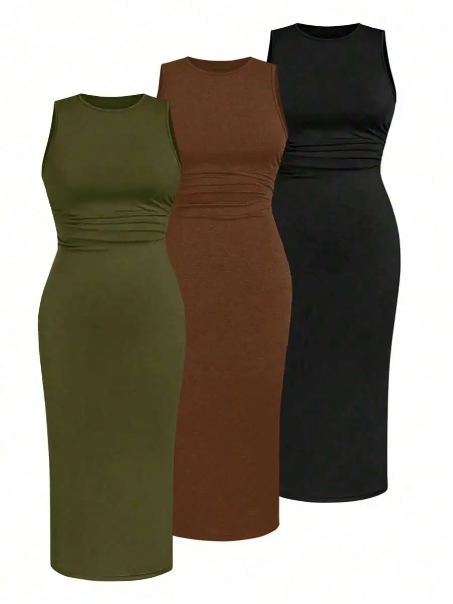 Womens Spring Summer Knit Sleeveless Round Neck Solid Color Waist Cinched Bodycon Slim Dress Set Green Brown Black
Womens Spring Summer Knit Sleeveless Round Neck Solid Color Waist Cinched Bodycon Slim Dress Set Green Brown Black