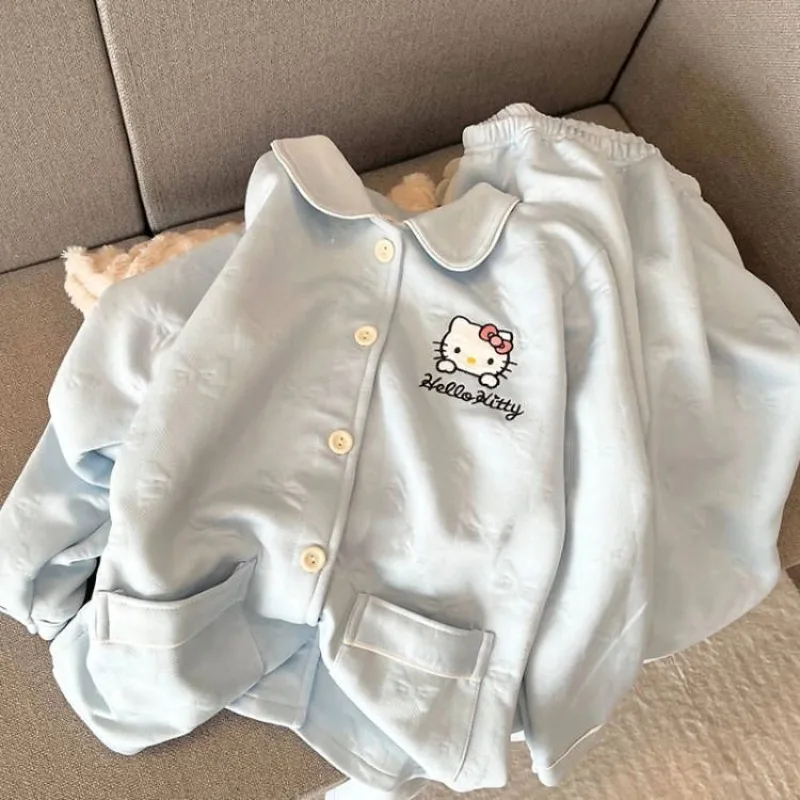 Doll Collar Blue Hello Kitty Pajamas for Girls Air Cotton Thickened Long-sleeved Trousers Set Cute Comfortable Warm Home Clothes
Doll Collar Blue Hello Kitty Pajamas for Girls Air Cotton Thickened Long-sleeved Trousers Set Cute Comfortable Warm Home Clothes