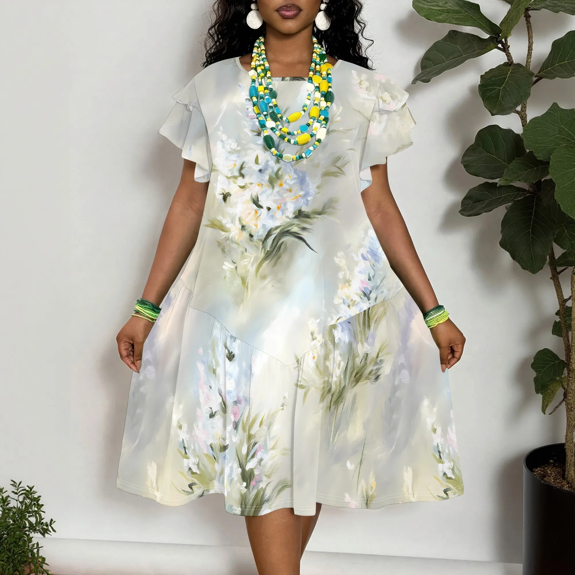 Floral Print Short Sleeve Dress for WomenElegant Ruffle Hem Midi Dress with Abstract Flower Pattern
Floral Print Short Sleeve Dress for WomenElegant Ruffle Hem Midi Dress with Abstract Flower Pattern