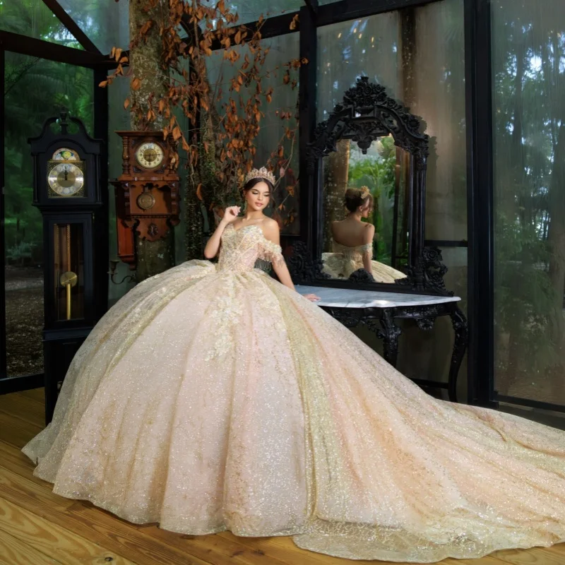 Блестящее платье для церемонии Quinceanera цвета розового золота с открытыми плечами, золотистыми блестками, кристаллами, длинным шлейфом и бантом, платье для 15-летия. Индивидуальный заказ
Блестящее платье для церемонии Quinceanera цвета розового золота с открытыми плечами, золотистыми блестками, кристаллами, длинным шлейфом и бантом, платье для 15-летия. Индивидуальный заказ