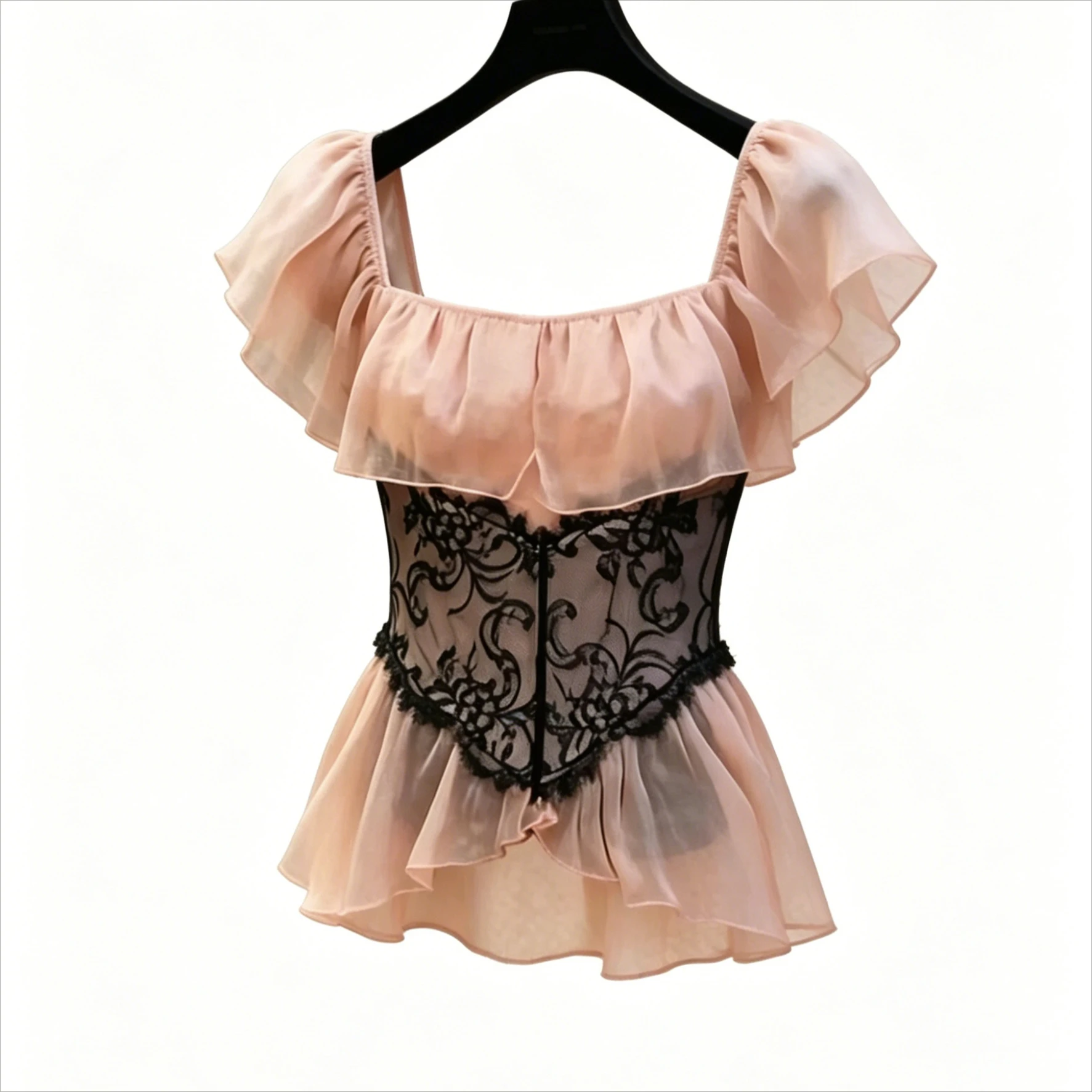 Coquette Pink Chiffon Corset Top | Black Lace Ruffle Off-Shoulder Blouse Romantic Style French Elegant Women Sexy Office Lady
Coquette Pink Chiffon Corset Top | Black Lace Ruffle Off-Shoulder Blouse Romantic Style French Elegant Women Sexy Office Lady