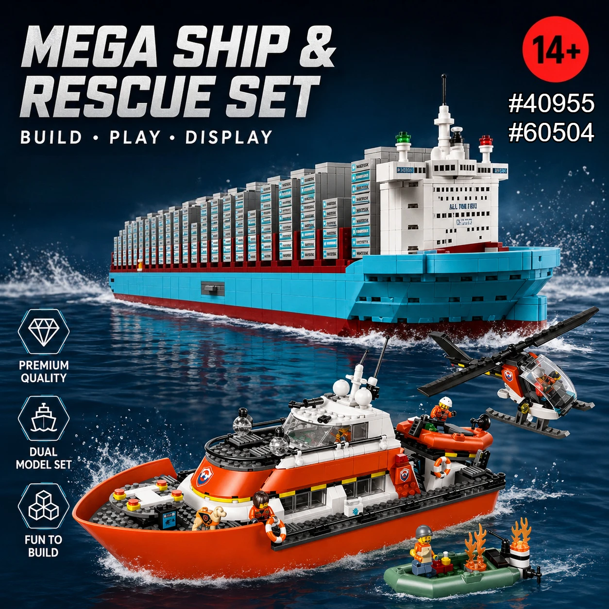 2258 Pcs 2-in-1 Boat Model Set 60504 40955 - Rescue Ship with Helicopter & Container Cargo Ship
2258 Pcs 2-in-1 Boat Model Set 60504 40955 - Rescue Ship with Helicopter & Container Cargo Ship