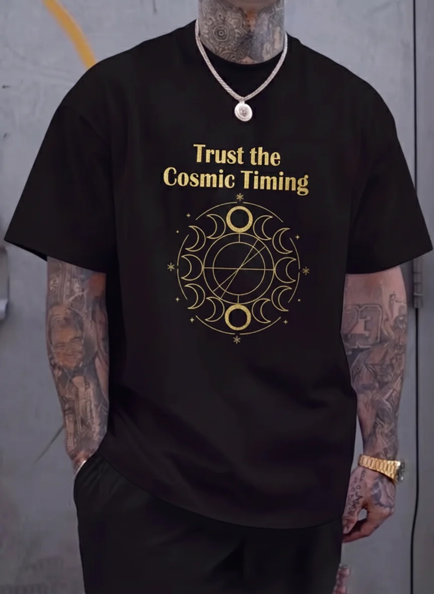 Black Celestial Graphic Tee with Gold Moon Phase Mandala Print, "Trust the Cosmic Timing" Text Design Printed Tee, Casual Wear
Black Celestial Graphic Tee with Gold Moon Phase Mandala Print, "Trust the Cosmic Timing" Text Design Printed Tee, Casual Wear
