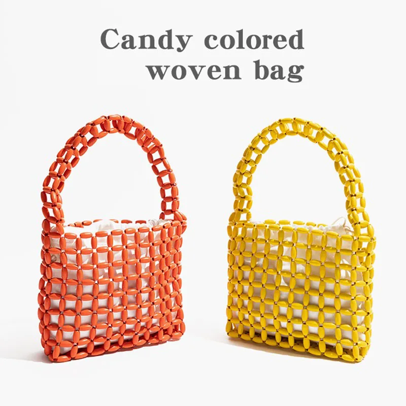 Women Woven Hand Bag Candy Color Hollow-out Wooden Bead Bag Female Summer Small Beach Handbag 2025 New
Women Woven Hand Bag Candy Color Hollow-out Wooden Bead Bag Female Summer Small Beach Handbag 2025 New