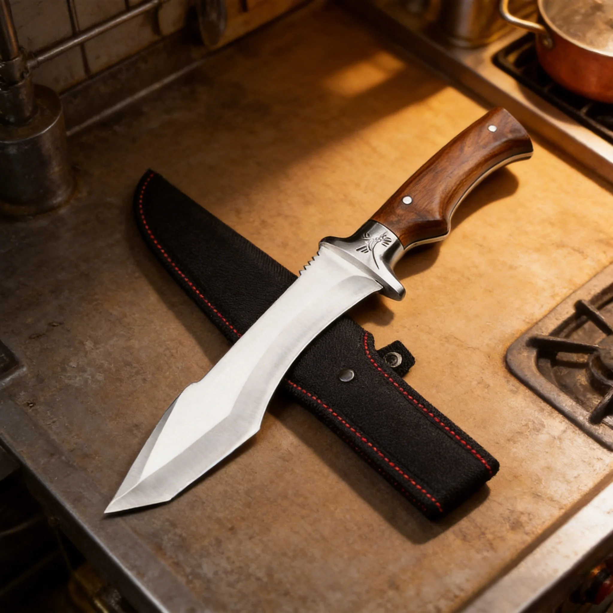 Stainless steel kitchen knife with wooden handle and sheath. Suitable for bone removal and meat/vegetable cutting in the kitchen
Stainless steel kitchen knife with wooden handle and sheath. Suitable for bone removal and meat/vegetable cutting in the kitchen