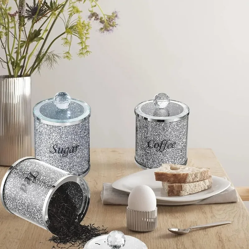 Crystal Coffee Sugar Tea Canister Set 3PCS Glass Crushed Diamonds Storage Container Set with Label & Lid Kitchen Decorative Jars
Crystal Coffee Sugar Tea Canister Set 3PCS Glass Crushed Diamonds Storage Container Set with Label & Lid Kitchen Decorative Jars
