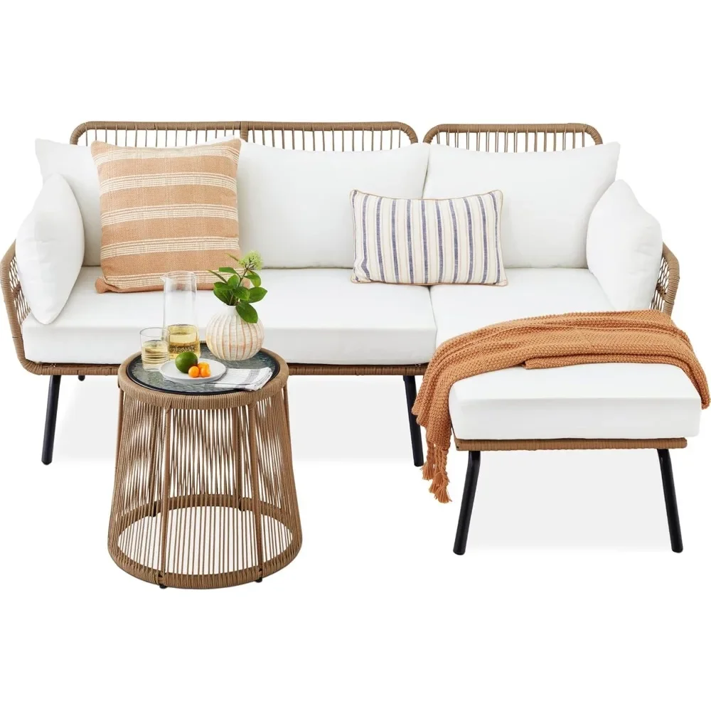 Outdoor Rope Woven Sectional Patio Furniture, L-Shaped Conversation Sofa Set, Thick Cushions, Detachable Lounger, Side Table
Outdoor Rope Woven Sectional Patio Furniture, L-Shaped Conversation Sofa Set, Thick Cushions, Detachable Lounger, Side Table