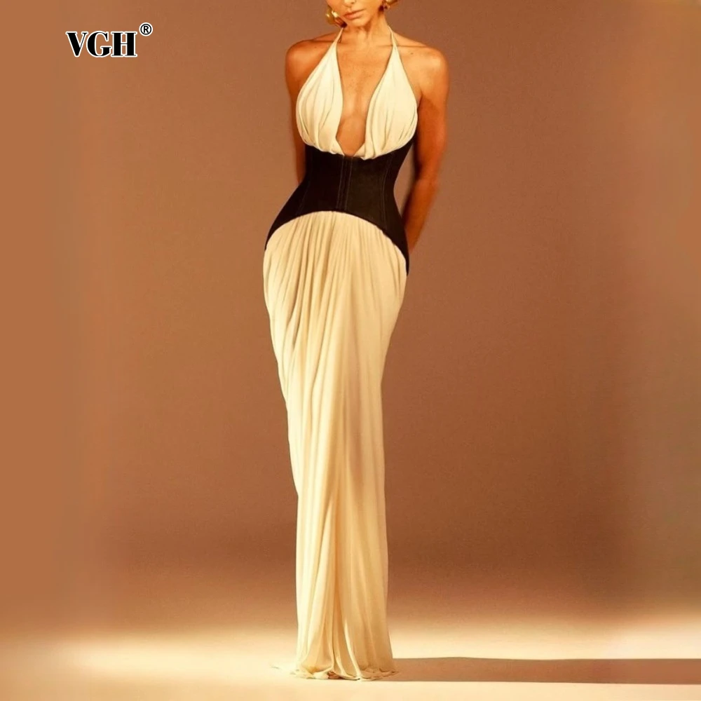 VGH Hit Color Sexy Evening Long Dress for Women Halter Sleeveless High Waist Tunic Patchwork Folds Bodycon Dresses Female New
VGH Hit Color Sexy Evening Long Dress for Women Halter Sleeveless High Waist Tunic Patchwork Folds Bodycon Dresses Female New